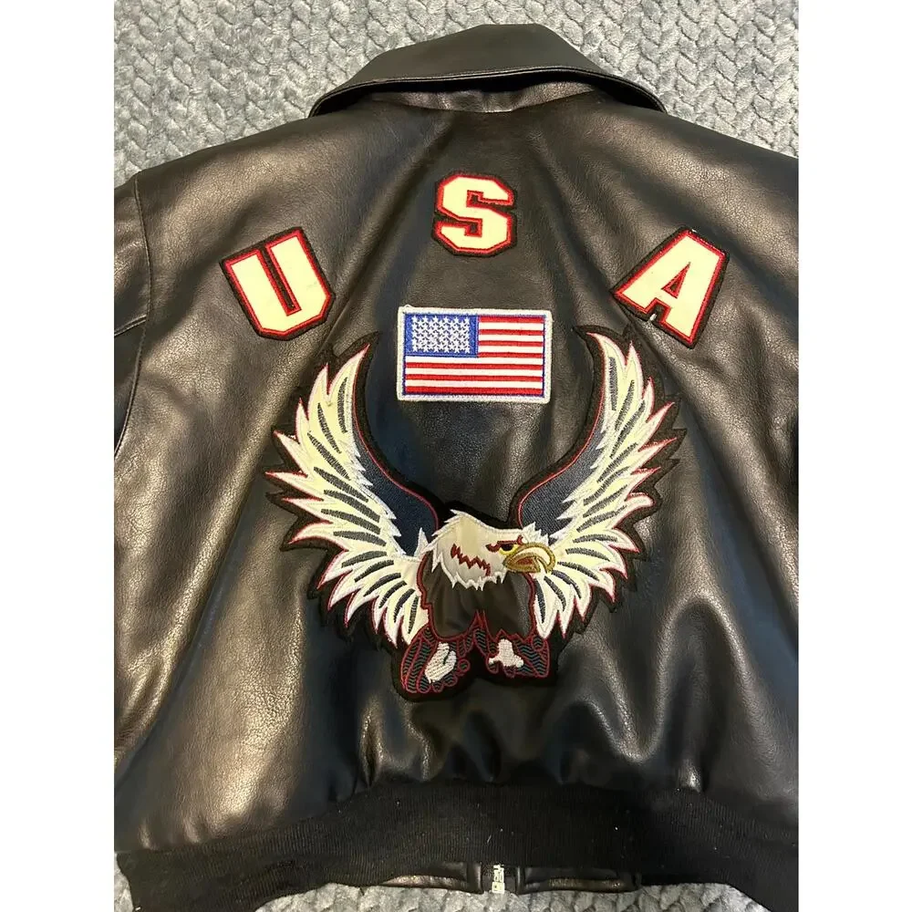 Innocense Simulated Leather Biker Jacket Toddler 7T Black USA Flag Eagle Graphic